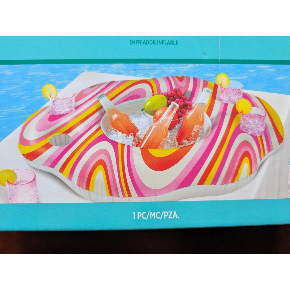 Retro Swirl Inflatable Floating Pool Cooler 4 Cup Holders Pink Yellow